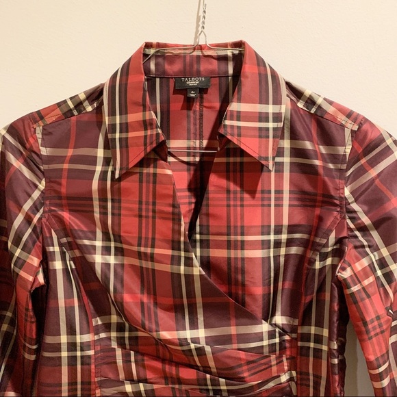NWOT Talbots faux wrap red plaid silk top 4P - Picture 2 of 8